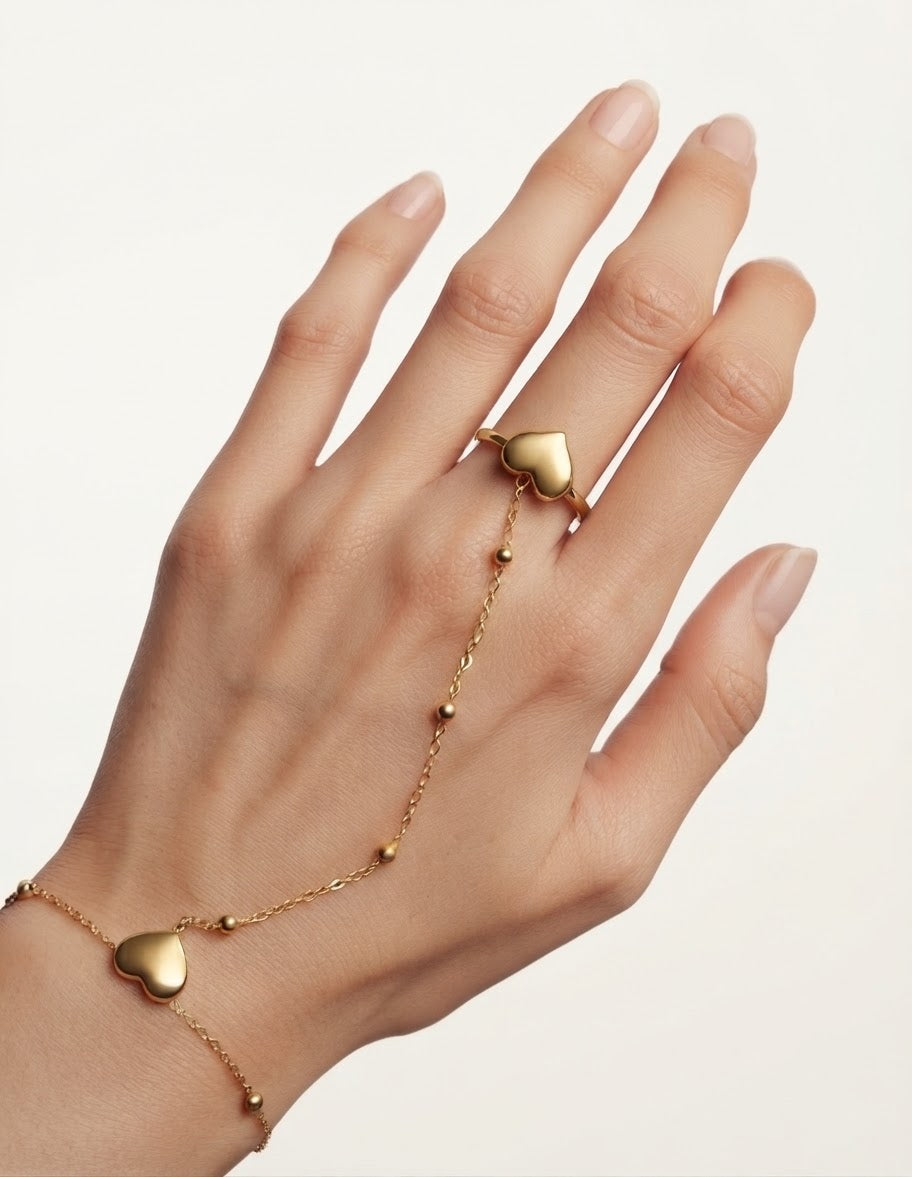 Golden Heart Finger Bracelet & Ring Combo Harness